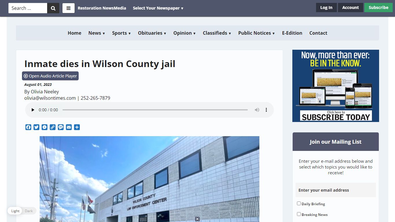 Inmate dies in Wilson County jail - Restoration NewsMedia